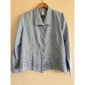 Vintage Light Baby Blue Dress Shirt Collared Button Down Vicki Wayne Eyelets 10